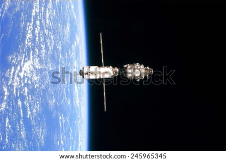 International Space Station in 1999. Photo taken from the Space Shuttle Discovery on June 3, 1999.
