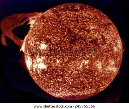 Ultraviolet exposure of colossal eruption on the Sun. The image is color-enhanced was photographed during the Skylab-4 mission by the Apollo Telescope. December 19, 1973.