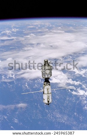 International Space Station in 1999. Photo was made when the Space Shuttle Discovery installed \'Strela\', a Russian built crane. June 3, 1999.