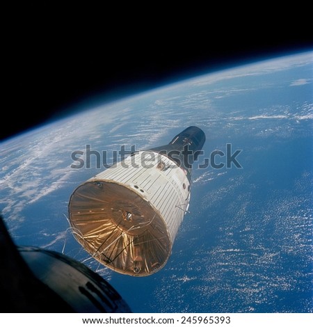 First manned Space rendezvous. Gemini 7 and Gemini 6 maneuvered together in Earth orbit. Image shows Gemini 7 from the Gemini 6. Dec. 15, 1965.