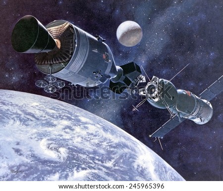 Painting of Apollo-Soyuz Test Project, the first international docking of the US\'s Apollo capsule and the USSR\'s Soyuz spacecraft in space. July 17-19, 1975.