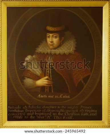 Pocahontas. The portrait was painted long after her death, is based on Simon van de Passe 1616 engraving. Its inscription erroneously mistakenly calls her the wife of Thomas, rather than John, Rolfe.