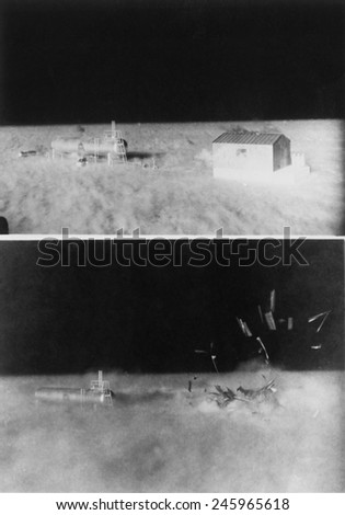 Nuclear \'Operation Cue\' tested structures\' ability to survive atomic bombs. Bottom image shows a disintegrating shed beside liquefied petroleum tank as blast wave hits. April 4, 1955.