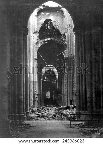 Ruins of the Cathedral of St. Quentin, France. The piers and pointed arches of the central nave were still standing after four years in the fighting zone of WWI. October 18, 1918.