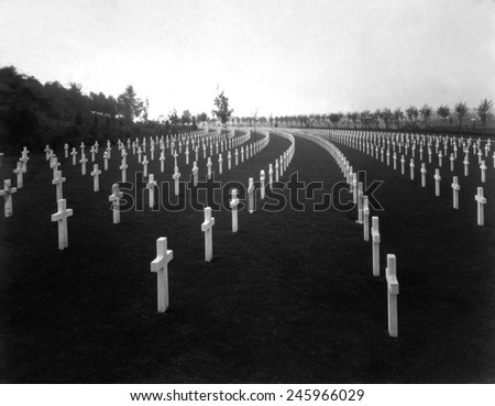 American WWI cemetery in France in 1928. Aisne-Marne American Cemetery is at the foot of the hill where the Battle of Belleau Wood was fought. Belleau, France.