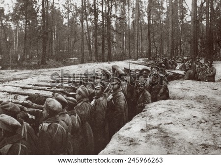 WWI. Russian forces in a trench on one of the thickly wooded plateaus in the foot hills of the Carpathians where fighting took place in their attempt to cross into Hungary. Ca. 1916-17.