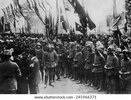 WWI. Istanbul crowds gathered at the Mosque of Faith when Sheikh Ul Islam, the highest ranking member of the Ulama, proclaimed the declaration of war against the allies. October 28, 1914.