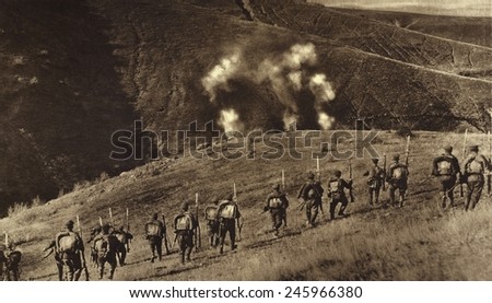 WWI. Bulgarians advancing in counter attack against a heavy barrage laid down by the Serbia Artillery. Ca. 1915-18.