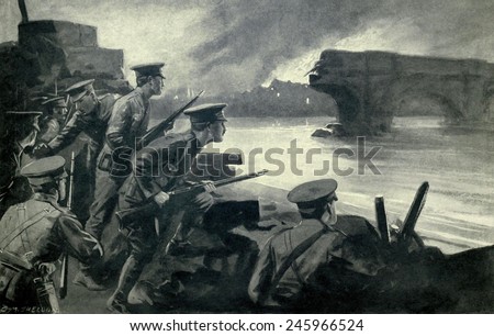 British troops on the Sambre river bank to resist the German advance during the Battle of Charleroi (also called the Battle of the Sambre), on August 21, 1914.