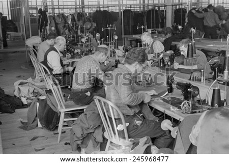 New Deal Utopian Community. Garment factory operators work at the Jersey Homesteads, \'Subsistence Homesteads\', designed to decentralize industry from congested cities and enable workers. Nov. 1936.