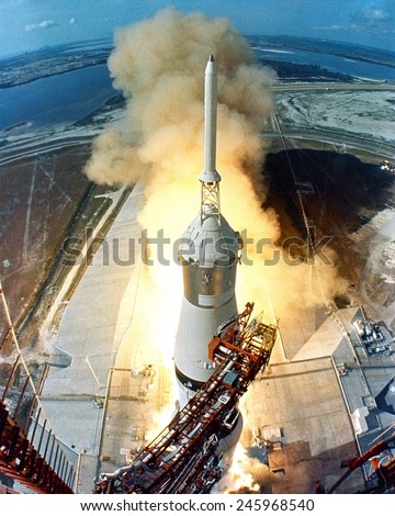 Moon launch. The liftoff of Apollo 11 on a Saturn V missile starts the Moon mission of astronauts Neil Armstrong, Michael Collins and Edwin Aldrin. July 16, 1969.