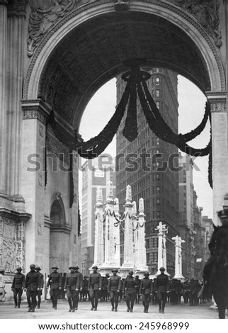 Colonel Donovan and staff of 165th Infantry passing under the Victory Arch, in Madison Square, N.Y.C. May 1, 1919.