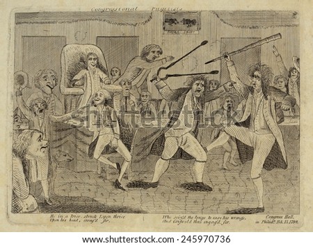 Brawl on the floor of the US House of Representatives. Fight between Vermont Representative Matthew Lyon and Roger Griswold of Connecticut. 1798.