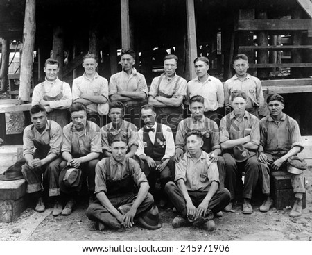 Twenty five Native Americans from the Carlisle Indian College, working in Hog Island shipyard. Philadelphia, Pennsylvania. WWI. Sept. 4, 1918.