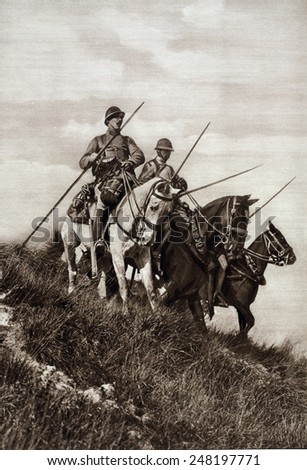 French WW1 cavalry patrol the Aisne to which the Germans had been driven. Sept. 1914. At this time German Armies had advanced within 22 miles of Paris.