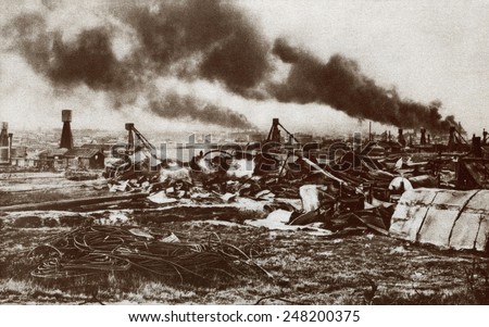 World War 1. Russian destruction of the oil fields at Boguslav in East Galicia. Ca. 1914-15.