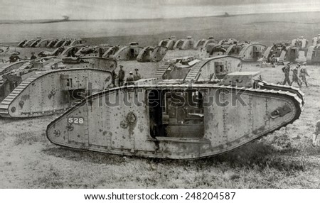 Tankdrome\' was a muster zone for tank squadrons on the Western Front. Within easy reach of battle-area tank crews are camped with repair workshops are close at hand. Ca. 1917.