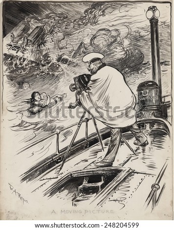 German WW1 submarine commander filming sinking ship and drowning victims, 1915. Original ink drawing for a cartoon against German submarine warfare. By William Allen Rogers