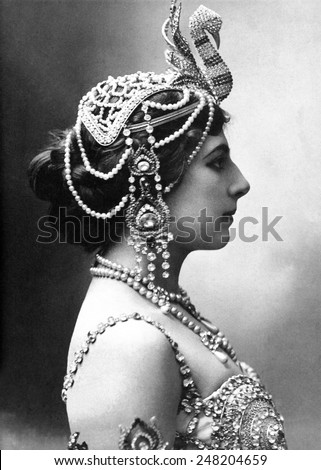 Mata Hari, exotic dancer, was executed in 1917 as a WW1 German Spy. Profile portrait said to depict the dancer in 1910.