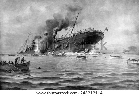 RMS Lusitania torpedoed by a German submarine on May 7, 1915.
