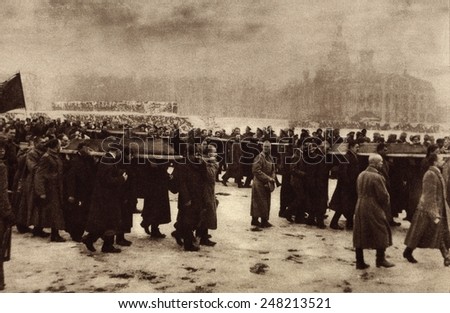 Russian Revolution. Funeral of 182 persons killed by Czarist police on Feb. 26, 1917. They were buried in the Petrograd field of Mars.