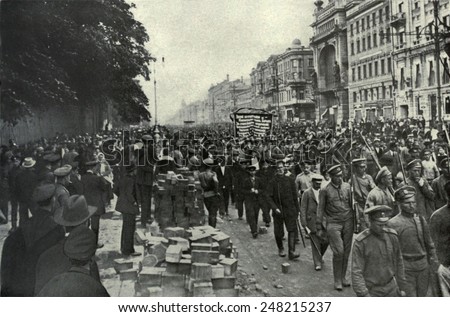Bolshevik parade in St. Petersberg during the Russian Revolution, Spring, 1917. Aligned against the Provisional Government headed by Kerensky.