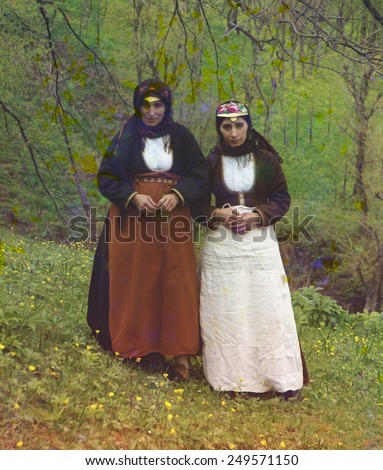 Armenian women in traditional dress in Czarist Russian. Ca. 1910. Armenian artisans and merchants immigrated to Russian Crimea and the northern Caucasus to conduct commerce in the late Middle Ages.