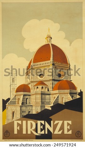 Italian travel poster shows Santa Maria del Fiore, the Cathedral of Florence (Firenze), 1936.