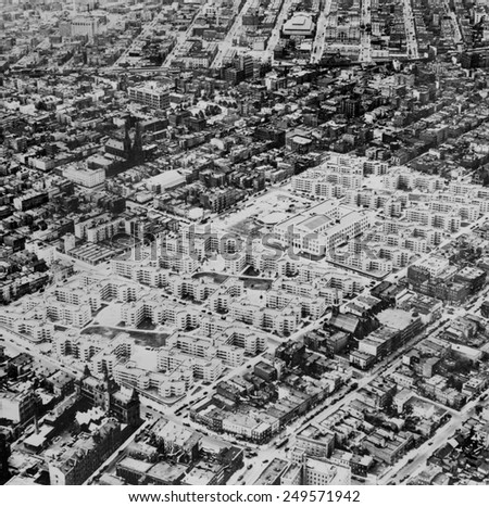 Aerial view of the \'Williamsburg Houses\', low-rent housing in Brooklyn, NYC, 1939. The development was built in 1936_1938 under the Housing Division of the Public Works Administration.