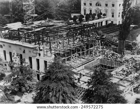 White House West Wing construction, 1934. FDR engaged an architect, Eric Gugler, to redesign the West Wing in 1933.