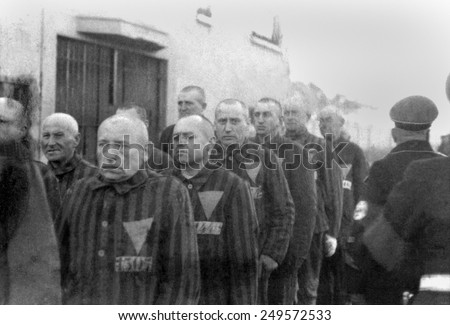 Prisoners in the concentration camp at Sachsenhausen, Germany, Dec. 19, 1938. The political prisoners included anti-Nazi dissidents, Communists, Homosexuals, Jehovah's Witnesses, and Pacifists.