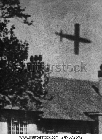 View of a V-1 in flight over London, ca. 1944. The German WW2 weapon was an unmanned missile.