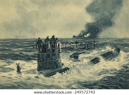 German sailors standing on the conning tower of a U-boat after torpedoing a British cargo ship. Print of 1941 painting by German marine artist Adolf Bock during World War 2.