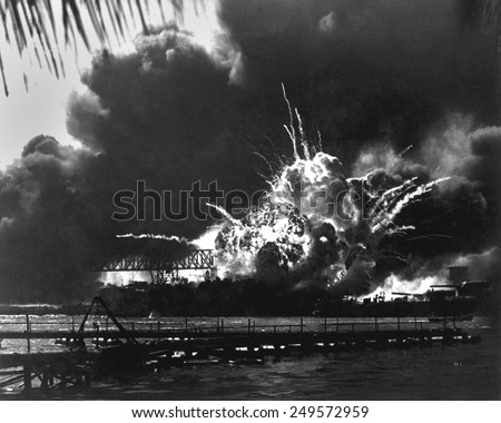 Explosion of the USS Shaw\'s forward magazine during the Japanese attack on Pearl Harbor, Dec. 7, 1941. The Shaw was repaired and served in the Pacific through World War 2.