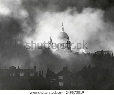 London\'s St. Paul\'s Cathedral during the great fire raid of Sunday, Dec. 29, 1940, during World War 2.