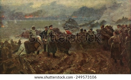 Battle for Stalingrad, World War 2. Russian soldiers on river-bank, preparing to cross river at Stalingrad.