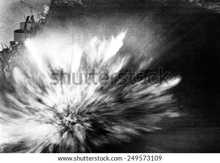 A Japanese bomb explodes on flight deck of USS Enterprise, Aug. 24, 1942. \'Battle of the Eastern Solomon Islands\', aircraft carrier guarded seaborne communication lines in support of U.S. invasion.