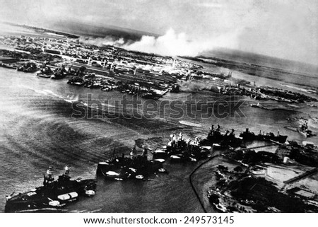 Japanese photograph taken during the attack on Pearl Harbor, Dec. 7, 1941. In the distance, the smoke rises from Hickam Field.