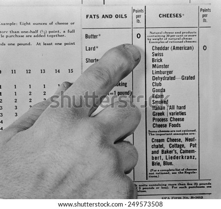 High ration point values on butter, lard, margarine, edible fats and oils discouraged use. World War 2, March 1943.