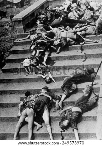 Chinese civilians killed in mass panic caused by a Japanese air-raid, June 5, 1941. 4,000 people in Chungking were trampled or suffocated to death trying to enter to bomb shelters.