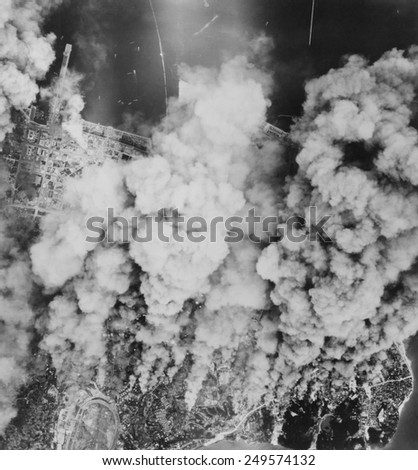 Yokohama, Japan, after incendiary bombing of large sections of the city. On May 29, 1945 in what is now known as the Great Yokohama Air Raid, an estimated seven or eight thousand people were killed.