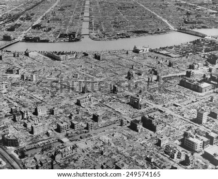 Tokyo, Japan, in ruins after B-29 incendiary attacks during World War 2. Starting on Feb. 25, 1945, Tokyo received several fire bomb attacks.
