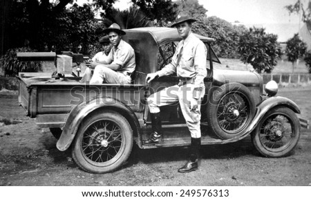U.S. Marines in Nicaragua in 1932. Heavy Browning Machine Gun is mounted on a car in preparation for U.S. Supervision of 1932 Presidential Election and Inauguration of Liberal President Juan Sacasas.