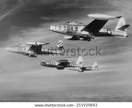 U.S. F-84 Thunderjets on bombing mission north of the 38th parallel during the Korean War. Ca. 1950-53.
