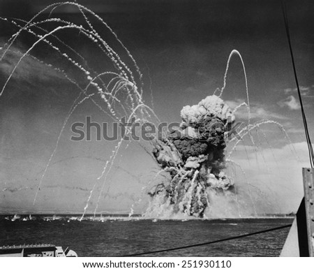 Liberty Ship SS Rowan explodes after being hit by a German bomb, near Gela, Sicily on July 11, 1943.