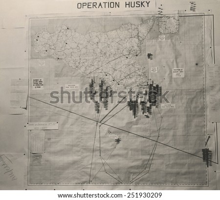 Operation Husky battle plan for the invasion of Sicily in the White House Map Room. August 1943, World War 2.