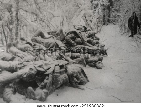 Frozen bodies of dead Soviet (Russian) soldiers killed in the Russo-Finnish War. Ca. Nov. 1939-March 1940. World War 2.
