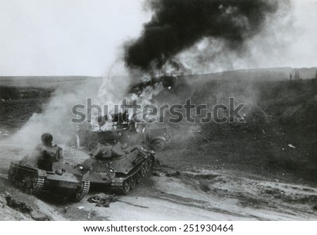 Destroyed Soviet tanks at Junourcia, during the German invasion of the USSR (Russia). Summer 1941, during World War 2.