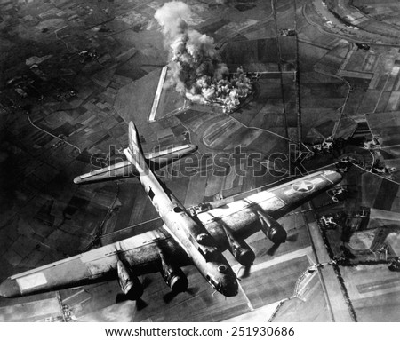 B-17 Bomber during the first big raid on Germany by the U.S. 8th Air Force. The raid destroyed most of the Marienburg Focke-Wulf aircraft factory. World War 2. October 9, 1943