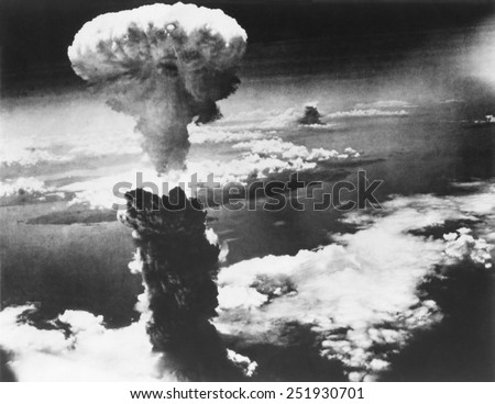 Mushroom Cloud of Atom Bomb exploded over Nagasaki, Japan, on August 9, 1945. World War 2.